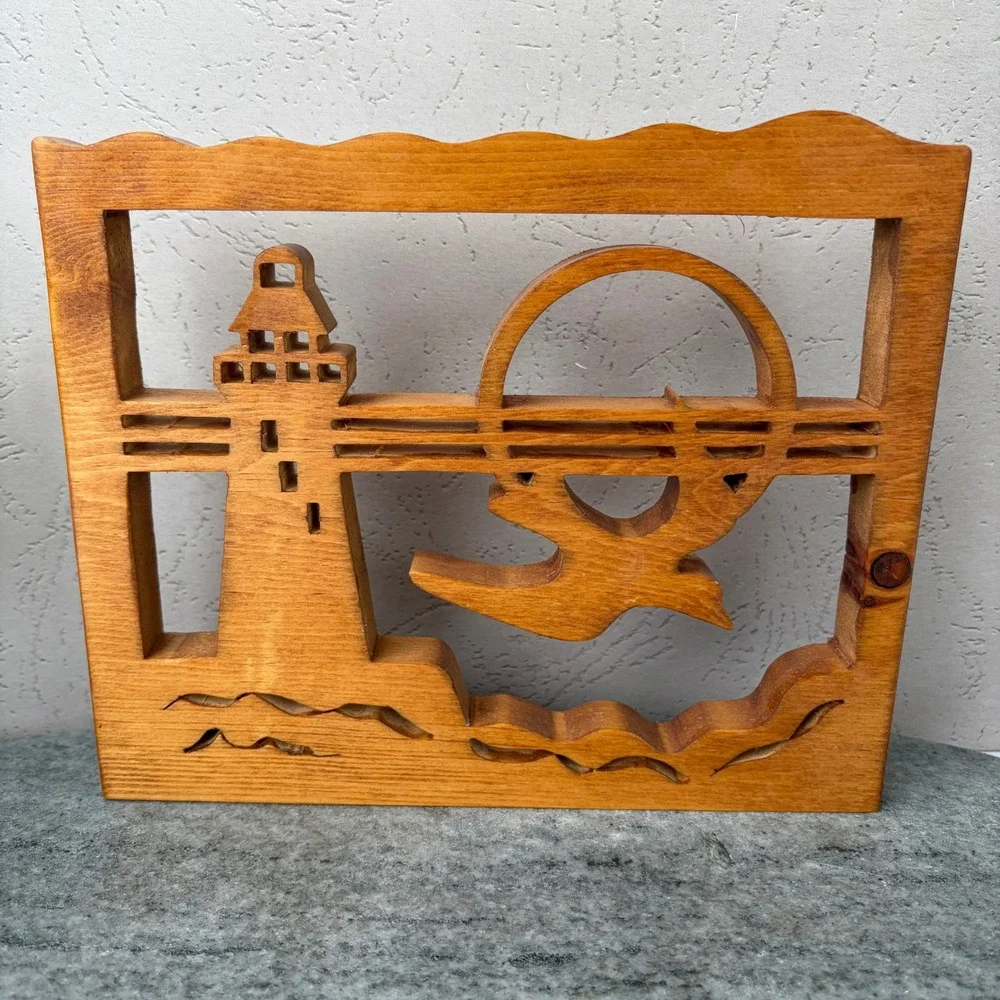 Vintage Hand Carved Wood Nautical Lighthouse Seagull Sun Wall Art Decor 9x7.5